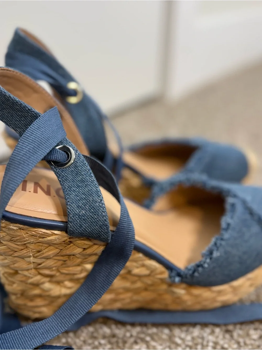 INC International Concepts Denim Blue Espadrille Wedge Sandals with Wrap Ankle